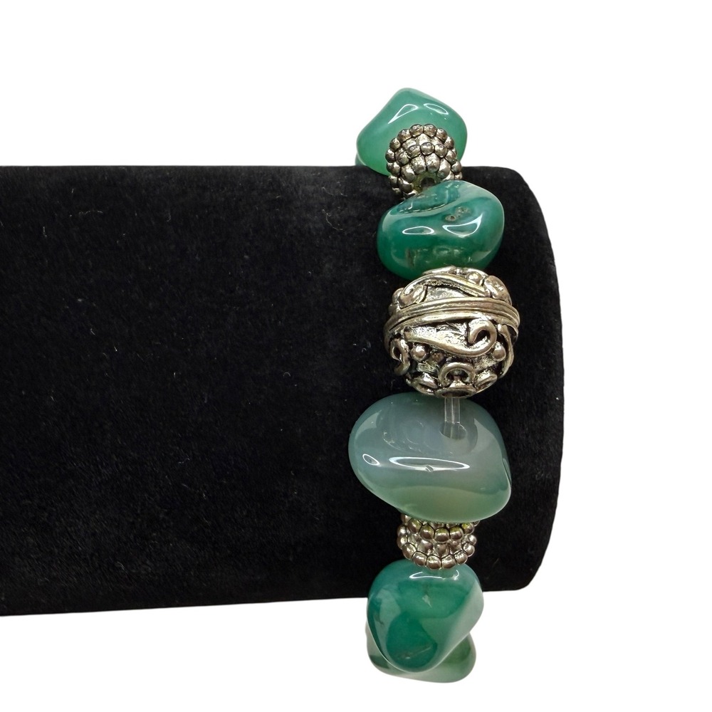 Green Agate Stone Bracelet Boho Gemstone Silver Bead Accents Stretch Jewelry